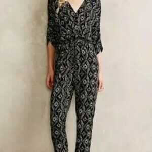 Anthropologie Black Printed Wrap Jumpsuit